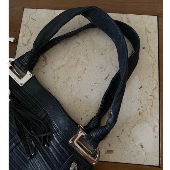 B. MAKOWSKY Black Pebbled Leather Hobo Shoulder Bag Double Handle Fringe Tassels - Picture 9 of 10